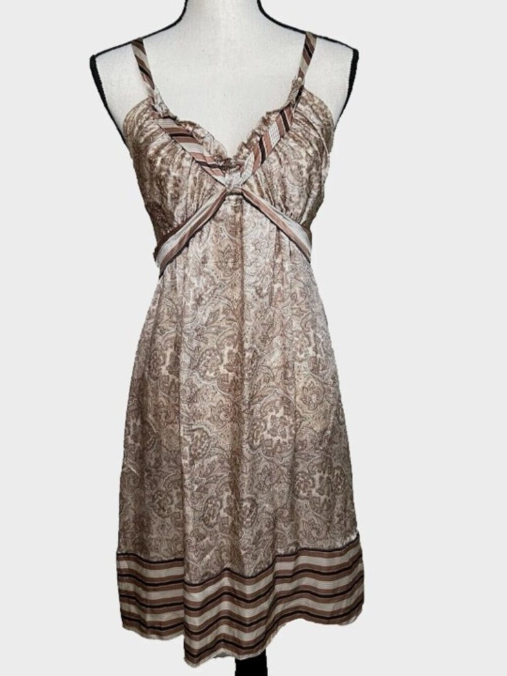 BCBGMaxazria Paisley Silk Babydoll Halter Dress Tan XS Y2K Fairy Feminine Boho